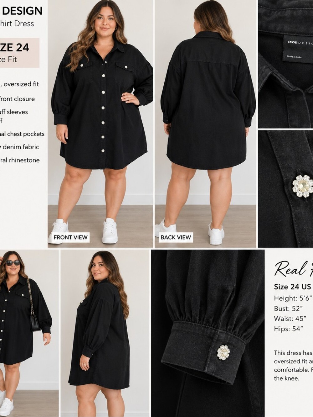 ASOS Curve Black Oversized Button-Down Shirt Dress with Pearl-Style Buttons
